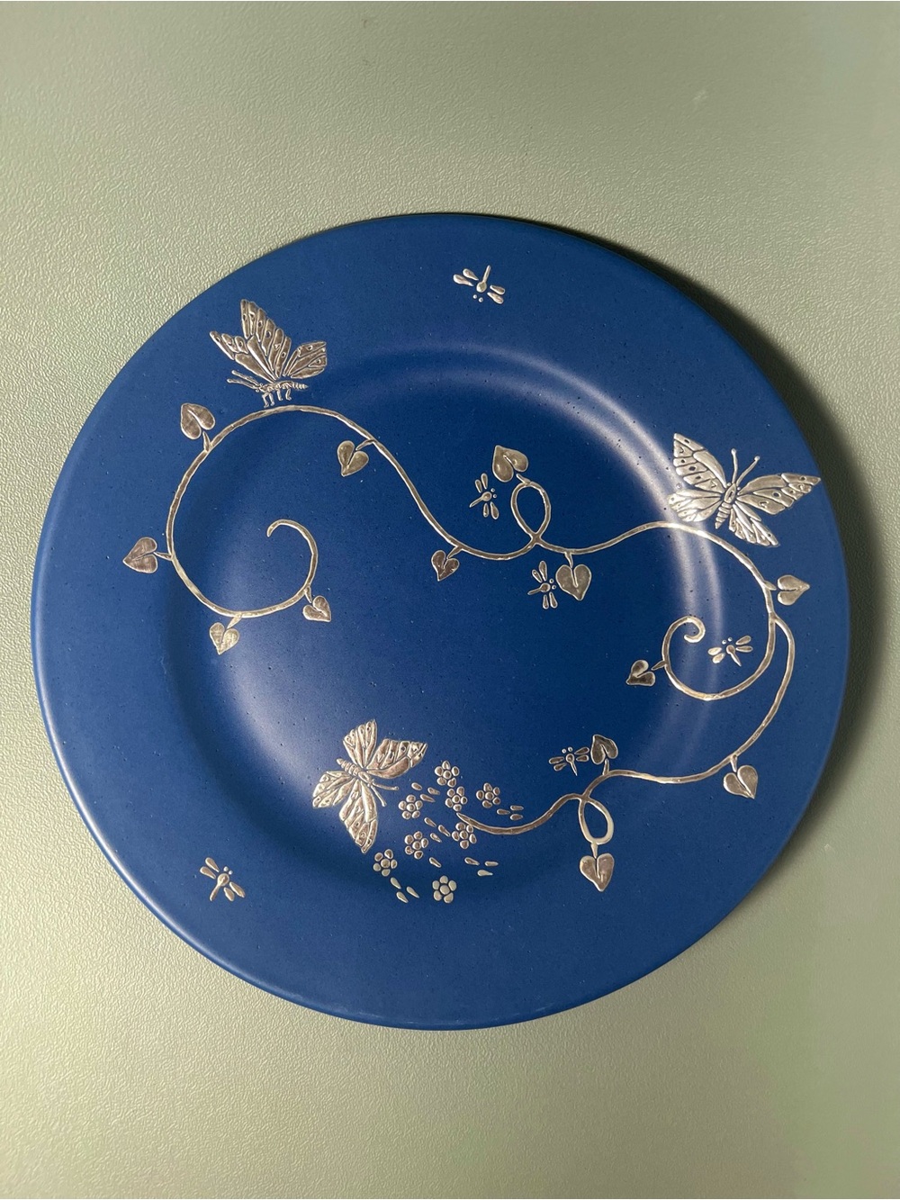 Emilia Castillo Blue Ceramic Plate Pure Silver Inlay Butterflies Vines